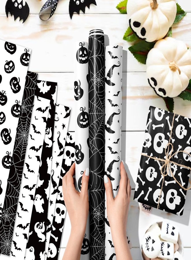 HOWAF 12 Halloween Wrapping Paper, Black White Halloween Gifts Wrapping Paper Folded Flat for Hallows' Eve Party Gift Packing, Bat Spider Web Pumpkins Ghost Gift Wrap Papers - Image 5